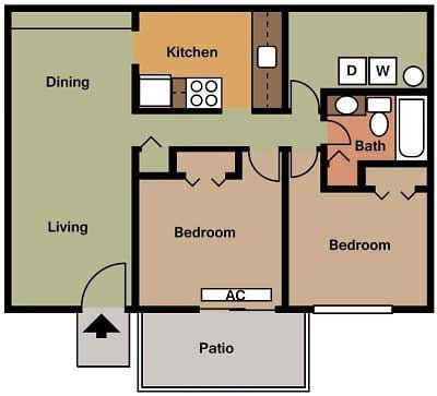 Two-bedroom, one-bath floor plan at Palm Harbor Villas (about 864 sq ft)