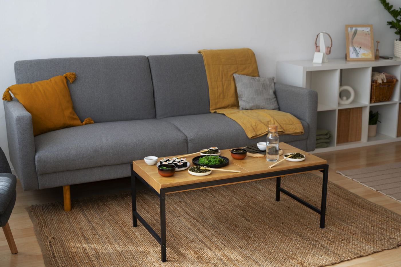 Dining table set with food for a meal