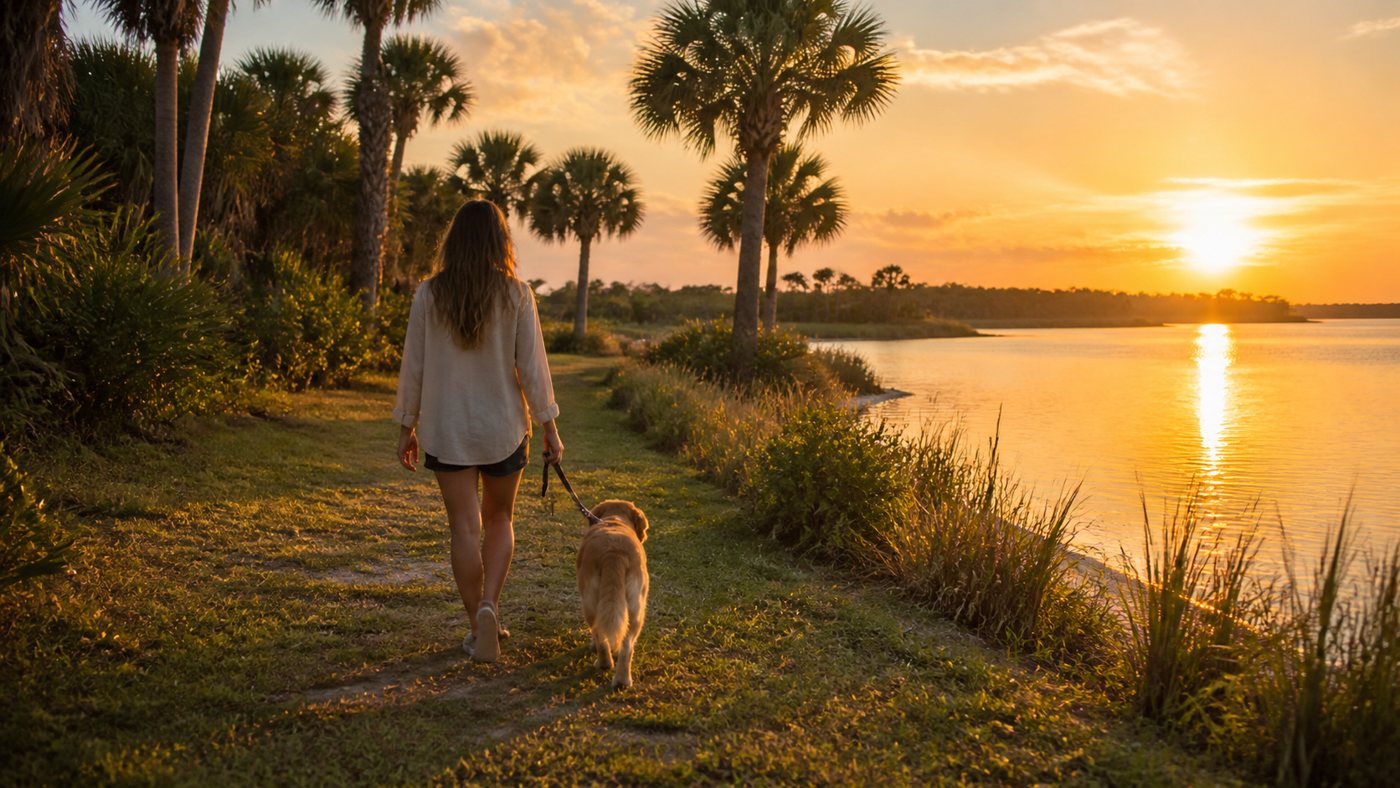 Woman walking her dog at sunset