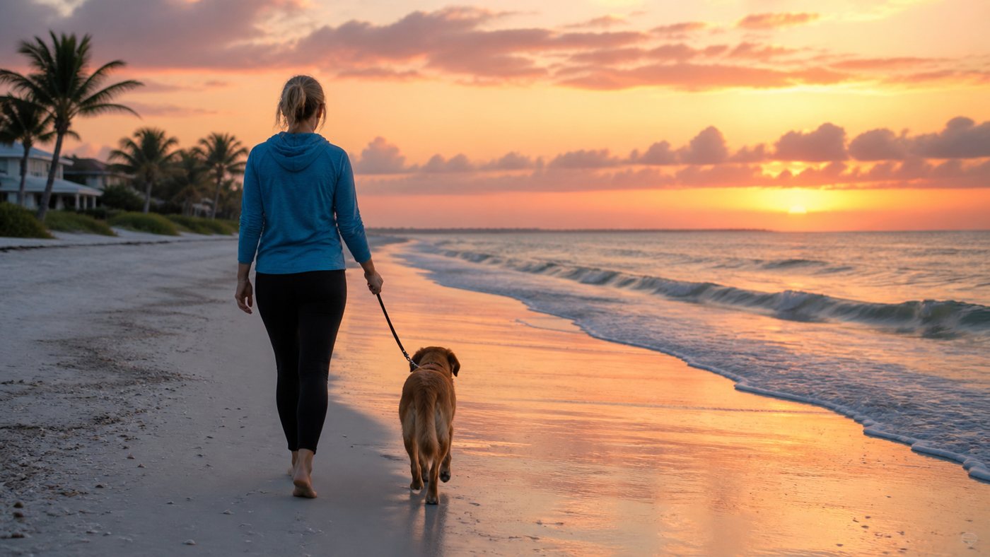 Walking a dog along the shoreline at sunrise on a Florida beach