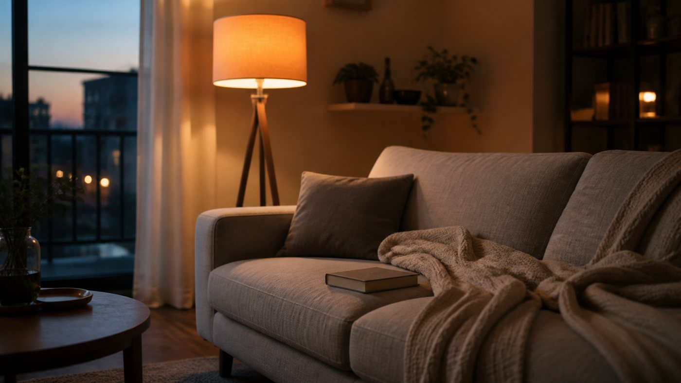 Lit lamp beside couch