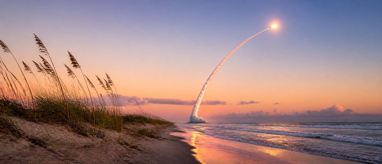 Rocket launch over the Atlantic at dawn, seen from Melbourne Beach on Florida's Space Coast