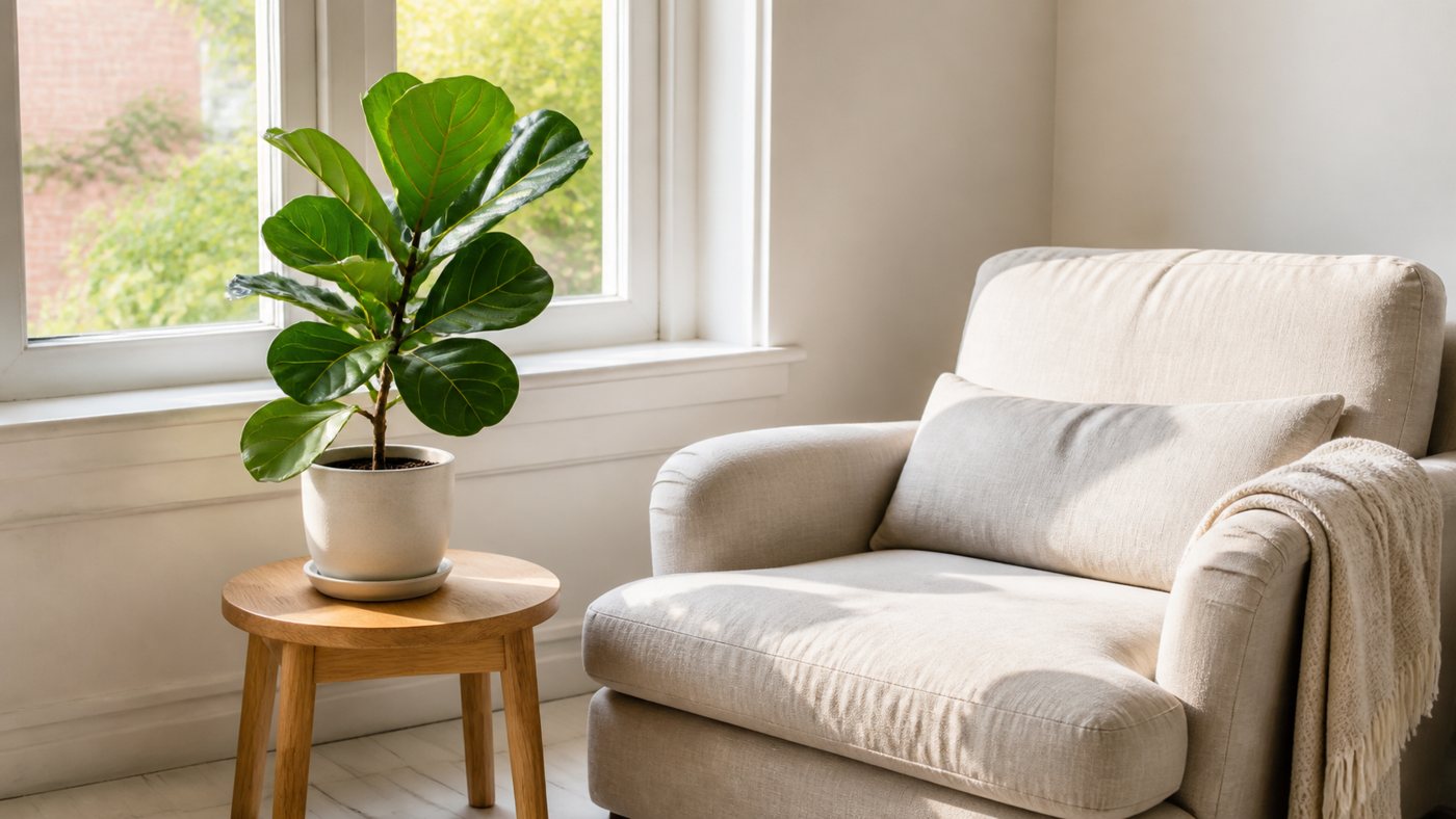Sunny apartment living room corner with armchair and potted plant