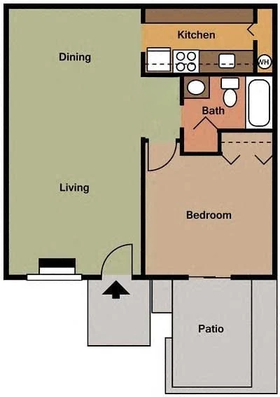 One-bedroom, one-bath floor plan at Palm Harbor Villas (about 576 sq ft)