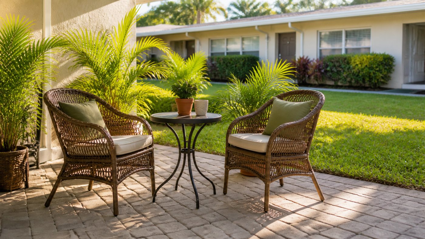Private patio with bistro table and chairs outside a single-story villa
