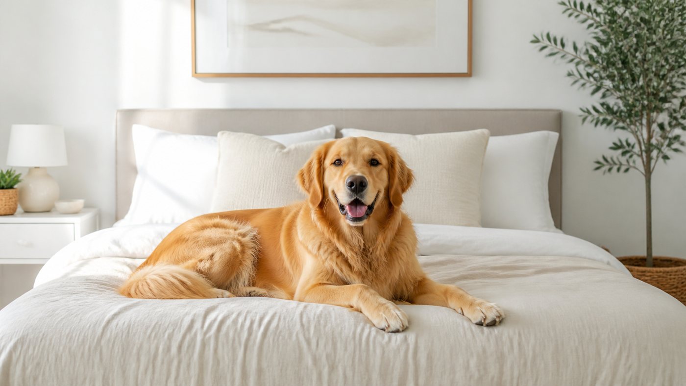 Smiling woman with dog sitting bed home