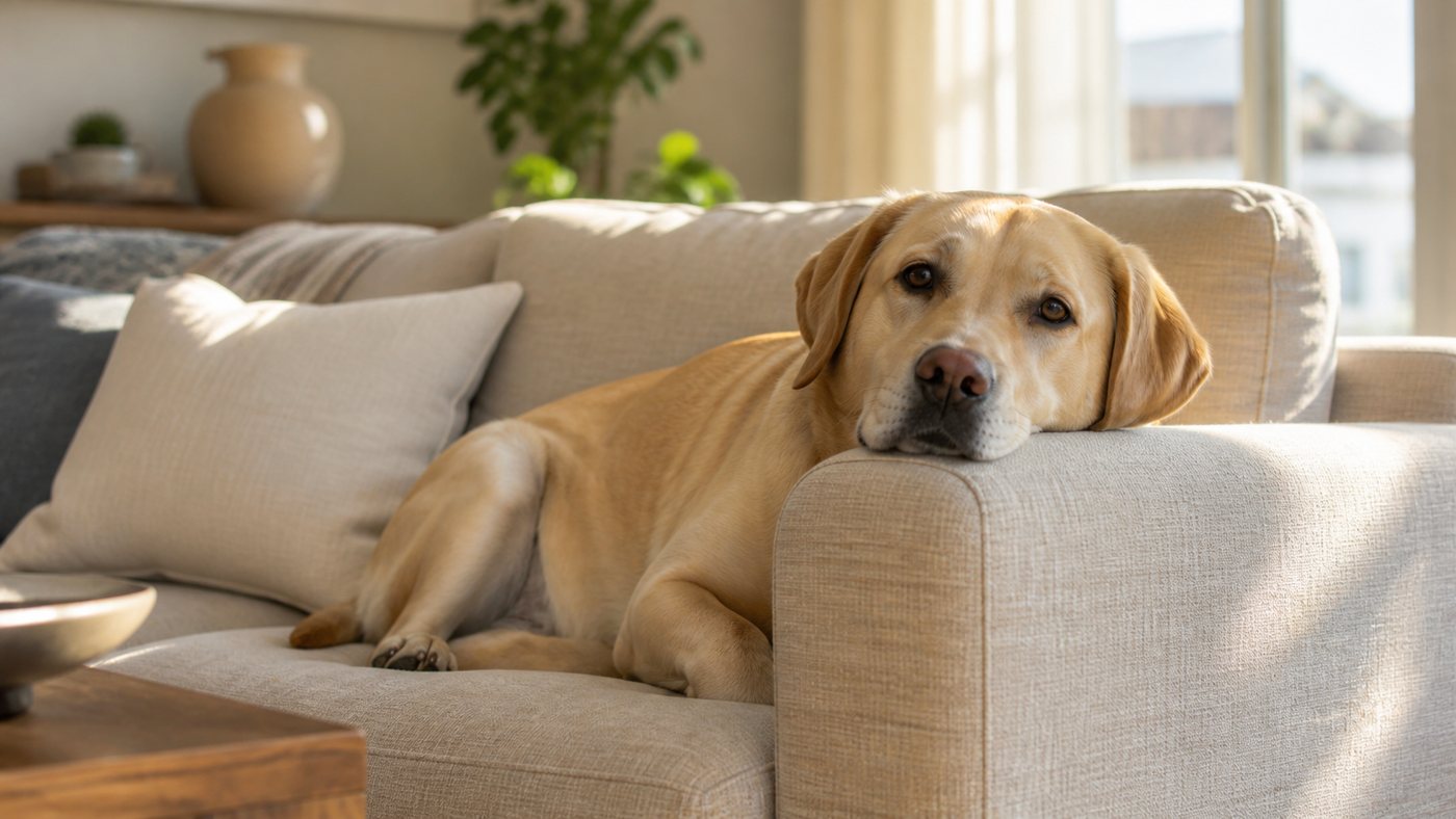 Portrait women dog with kiss sofa living room home puppy love happiness indoor labrador animal people together couch wit
