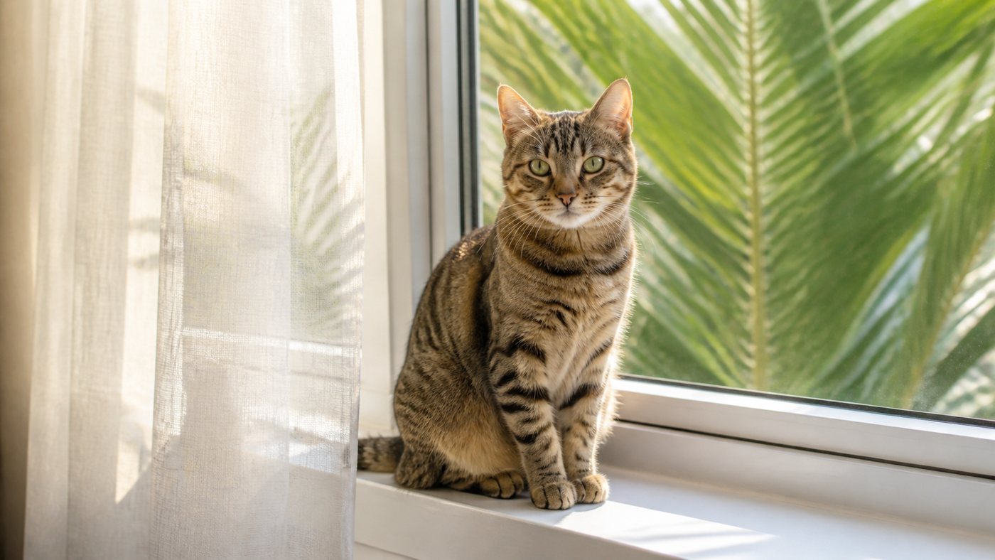 Tabby cat on a sunny windowsill with palms outside