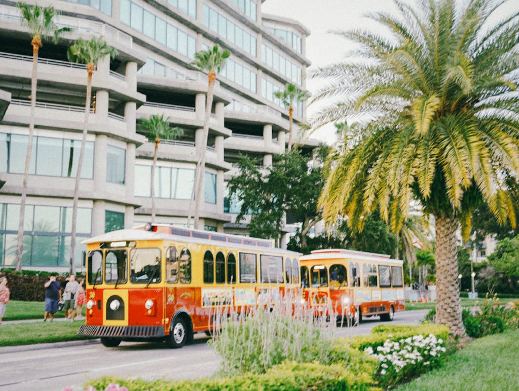Vibrant Tampa street with iconic trolleys, palm trees, and modern architecture.